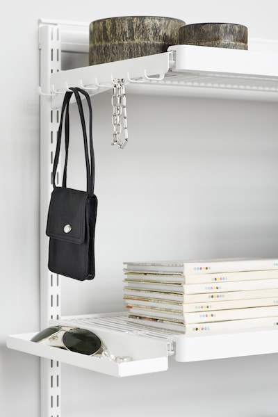 Wardrobe Storage: elfa clip in hooks and bucket shelves