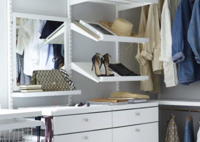 elfa walk in wardrobe, shoe racks, pullout shelves, clip in mirror and small functional shelf
