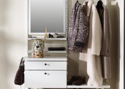 elfa white hallway closet shelving pullout drawers, clip in mirror and shoe racks